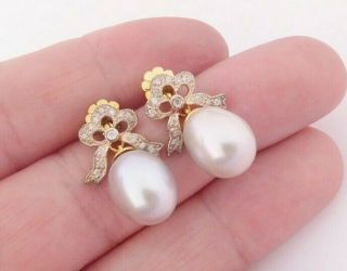 9ct Gold & Silver Gilt Diamond & Baroque Pearl Ribbon & Bow Drop Earrings,