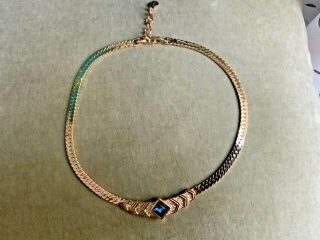 Vintage Christian Dior Necklace Blue Rhinestone Gold Tone 15 - 17 Inches Long