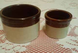 2 Vintage Roseville Usa 2 Tone Small Crocks Pottery Brown,  Tan Rrp Co.  Ohio