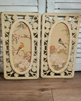 70’s Vintage Syroco Ivory Boho Framed Floral Birds Picture Wall Hangings