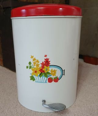 Small Vintage Red White Metal Gsw Pedal Bin Waste Basket Trash Can Floral Design