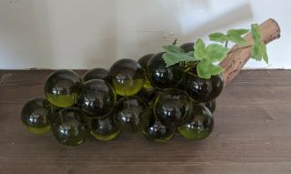 Mid Century Modern Large Cluster Green Lucite Glass Grapes On Wood Stem