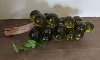 Mid Century Modern Large Cluster Green Lucite Glass Grapes on Wood Stem 2