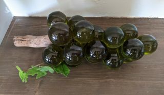 Mid Century Modern Large Cluster Green Lucite Glass Grapes on Wood Stem 3