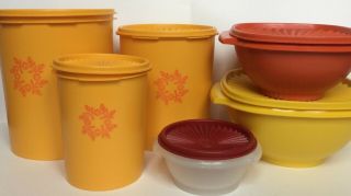 12 Pc Vintage Tupperware 3 Canisters &3 Bowls Harvest Gold Burnt Orange Red 70 