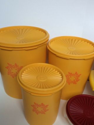 12 pc Vintage Tupperware 3 Canisters &3 Bowls Harvest Gold Burnt Orange Red 70 ' s 2