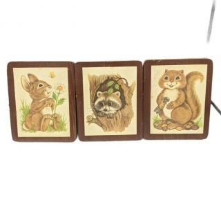 3 Vintage Animals Wood Wall Hanging Plaque Pictures - Squirrel Bunny Raccoon