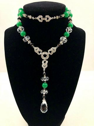 Art Deco Green Jade Color Peking Glass Beads Rock Crystal Drop Lavalier Necklace