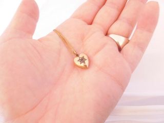 9ct Gold Rose Cut Diamond & Ruby Heart Pendant On Chain,  Victorian 9k 375