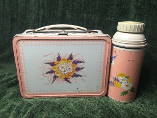 Vintage 1958 Metal Floral Tin Lunch Box With Thermos By Thermos Brand