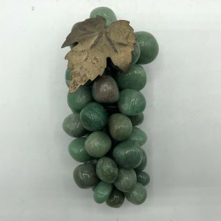 Vintage Polished Green Stone Grape Cluster,  With Metal Leaf Trim 5 1/2”