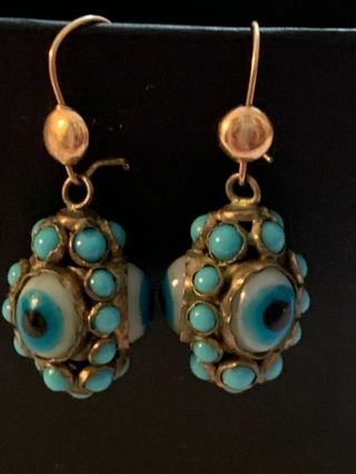 Vtg Art Deco Gold Tone Persian 3d Evil Eye Blue Turquoise Color Stone Earrings