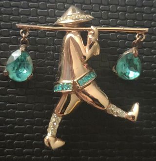 Vintage Signed Coro Asian Man Carrying Water Gold Tone Over Sterling Rhinestones