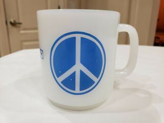 Vintage 70s Milk Glass Peace Sign Dove White Blue Coffee Mug Tea Cup 3.  5 " Vgc
