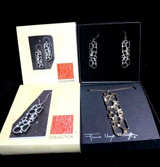 Vintage Frank Lloyd Wright Coonley Sterling Silver Necklace & Earrings In Boxes