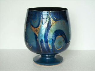 Sascha Brastoff Enamel On Copper Vase Blue Brandy Snifter Shape 7 1/4 "