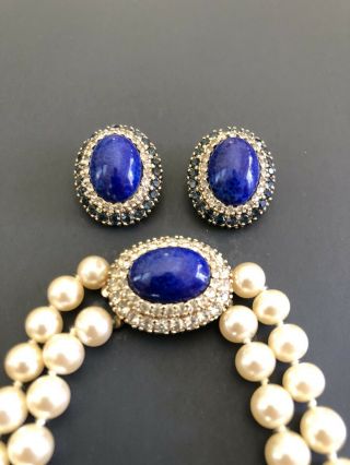 Vintage Panetta 2 Strand Faux Pearl Blue Lapis Rhinestone 24” Necklace/ Earrings