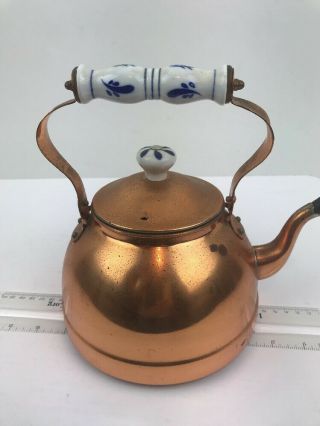 Vintage Copper Brass Tone Tea Pot Kettle Blue White Ceramic Handle Holder