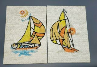 Vtg Gravel Pebble Art Mid Century Kitsch Sail Boats (2) 5.  5 " X 8 "