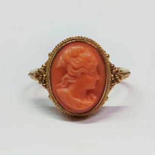 Antique Hand Carved 18k Coral Cameo Ring