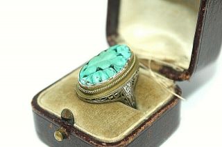 Atq Chinese Export Sterling Silver Filigree Carved Turquoise Exquisite Ring Sz5
