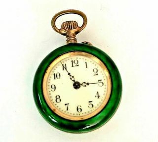 Antique Swiss 800 Silver Emerald Green Guilloche Enamel Pocket Watch