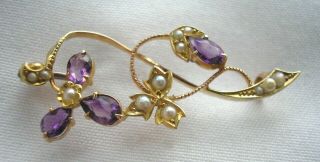 Stunning Antique 15ct Rose Gold Amethyst & Seed Pearl Brooch