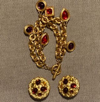 Vintage Monet Toggle Bracelet Earrings Multi Colored Stones Gold Tone Rare Set