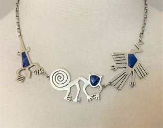 Vintage Sterling Silver & Lapis Animal Artifact Nazca Lines Symbol Necklace