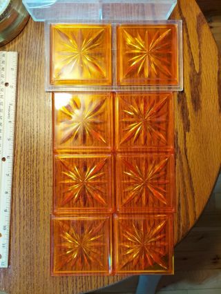 Set Of Eight Square Orange Mid Century Modern Lucite / Acrylic Coasters W/ Star