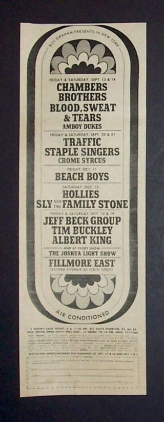 Sly & The Family Stone,  Beach Boys,  Jeff Beck,  Traffic Fillmore East Ny 1968 Ad