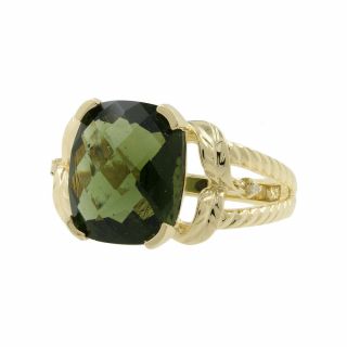 Ladies Estate 10k Yellow Gold Cushion - Cut Green Glass & Diamond Cocktail Ring