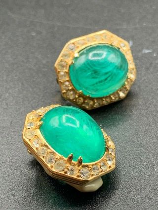 Ciner Flawed Emerald Poured Glass & Rhinestones Earrings " Gripoix Style "