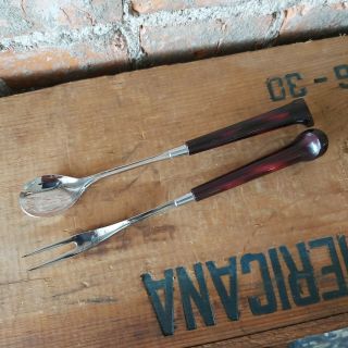 Vintage Mcm Glo Hill Bar Tools Cocktail Fork & Stir Spoon Burgundy Red Bakelite