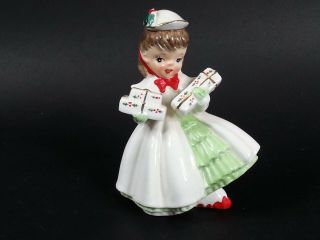 Vintage Napco 1956 Mid Century Holiday Girl Figurine Christmas W/ Presents 5.  25 "