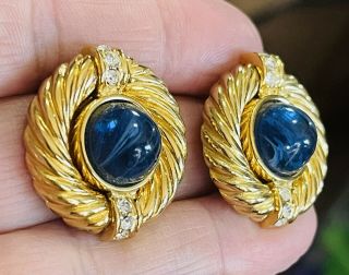 Vintage Designer Signed Givenchy Blue Art Glass Cabochon Earrings 2