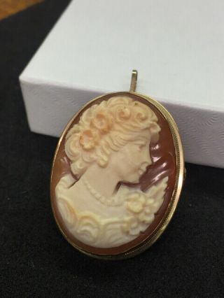 14k Gold Italy Carved Shell Cameo Pin / Brooch Pendant