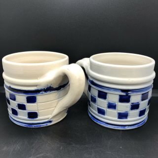 Williamsburg Pottery Checkered Coffee Mug Cobalt Blue Salt Stoneware Souvenir
