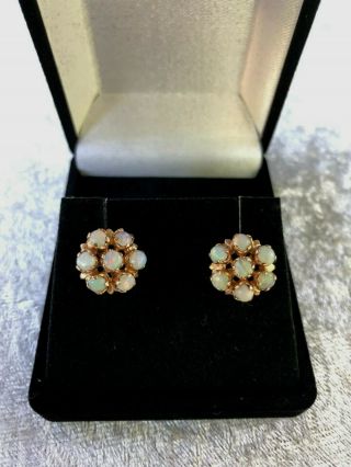 Vintage 14k Yellow Gold Opal Cluster Earrings Pierced 14 Brilliant Opals 5 Gr