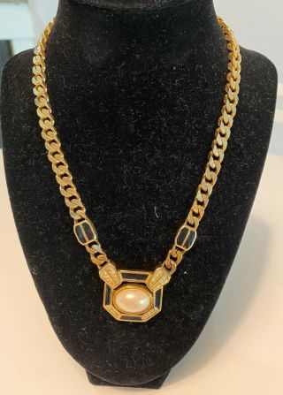 Vintage Christian Dior Germany Necklace Pearl Rhinestone Enamel Gold Tone