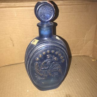 10 " Ezra Brooks 1970 Never Surrender Blue Glass Liquor Decanter Eagle Cannon