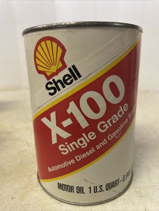 Vintage 1 Quart Shell X - 100 Single Grade Motor Oil Can Full