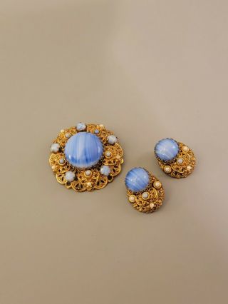 Signed West Germany Vintage Set Brooch Clips Earrings Blue Glass Faux Pearls