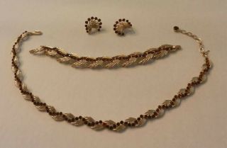 Vintage Crown Trifari Gold Tone Ruby Rhinestone Necklace.  Bracelet Earring Set