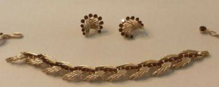 Vintage Crown Trifari Gold Tone Ruby Rhinestone Necklace.  Bracelet Earring Set 2