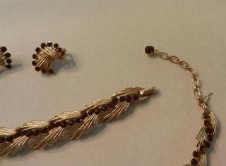 Vintage Crown Trifari Gold Tone Ruby Rhinestone Necklace.  Bracelet Earring Set 3