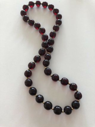 Deco Cherry Amber Bakelite Bead 19 1/2 " Necklace 14k Gold Spacers 35.  3 Gram