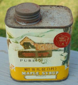 Vtg Classic 16 Oz Maple Syrup Tin Doddridge Orchards Centerville Ind.  With Lid