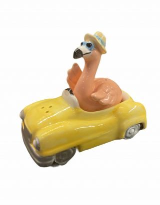 Flamingo In Convertible Car Ceramic Salt And Pepper Shakers