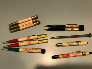 Vintage 4 Bullet,  2 Floating Mechanical,  & 5 Misc Old Advertisement Pencils Pens